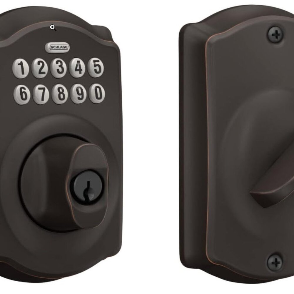 SOLD - Schlage BE365 CAM Camelot Keypad Deadbolt, Aged Bronze - BE365 CAM 716
